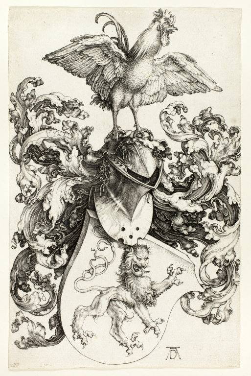 杜勒《有雞與獅子圖騰的頭盔》（Coat_of_Arms_with_Lion_and_Rooster），1503。圖取自artic。.jpg