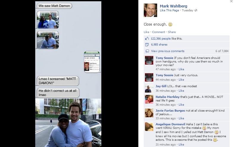 馬克華柏格在臉書分享自己被誤認為誤麥特戴蒙的經驗，自嘲「很接近啦！」。.jpg