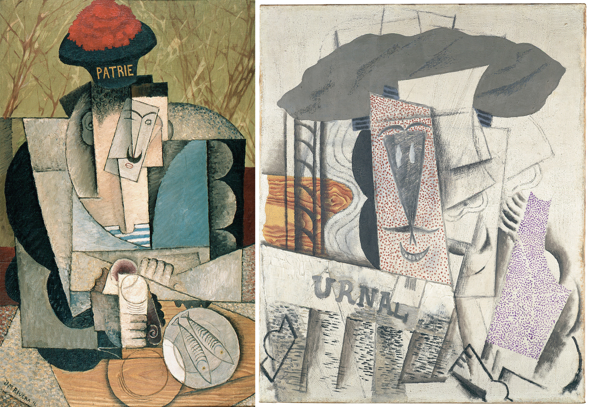 兩位藝術家在1913-14年擁有相似的繪畫風格。左里維拉《享用午餐的水手》(Sailor_at_Lunch)。右畢卡索《讀報的學生》(Student_with_Newspaper)。圖取自TimeOut.jpg