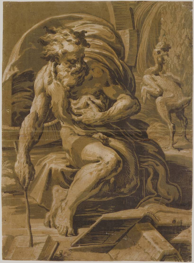 卡普里《迪奧根尼與母雞》（Diogenes,_seated_before_his_barrel,_reading_from_a_book,_a_plucked_hen_standing_behind_him_at_right），1520-30。圖取自Metmuseum。.jpg