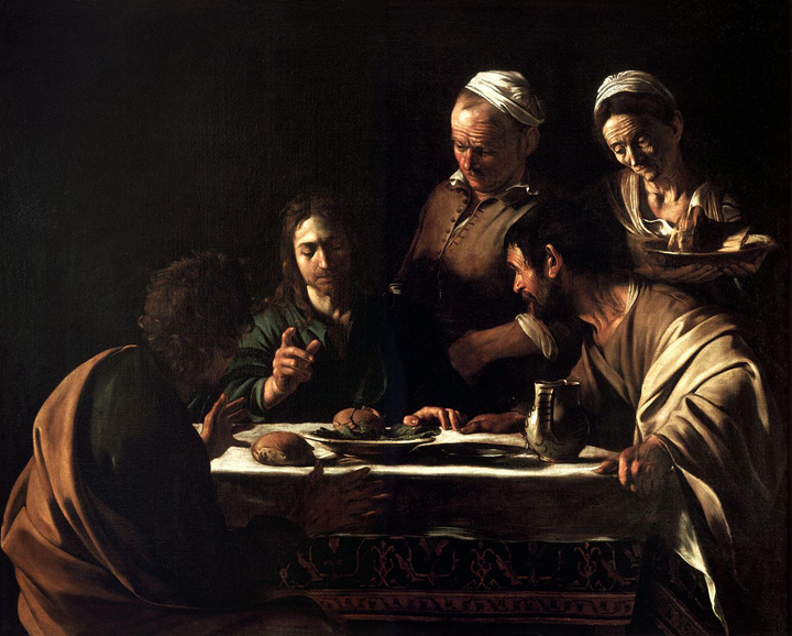 卡拉瓦喬，《在伊默斯的晚餐》，1606年。圖取自Wikipedia。.jpg