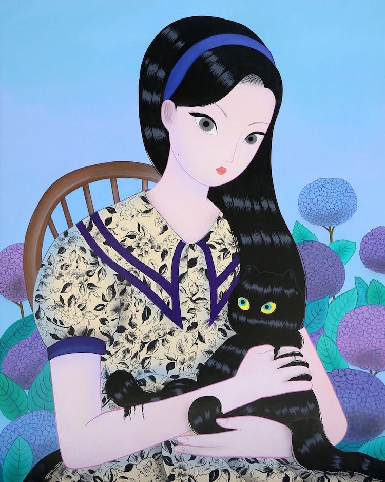 黑貓蜷上我的髮：韓國藝術家Jang_Koal_，清麗俏皮的仕女畫(7).jpg